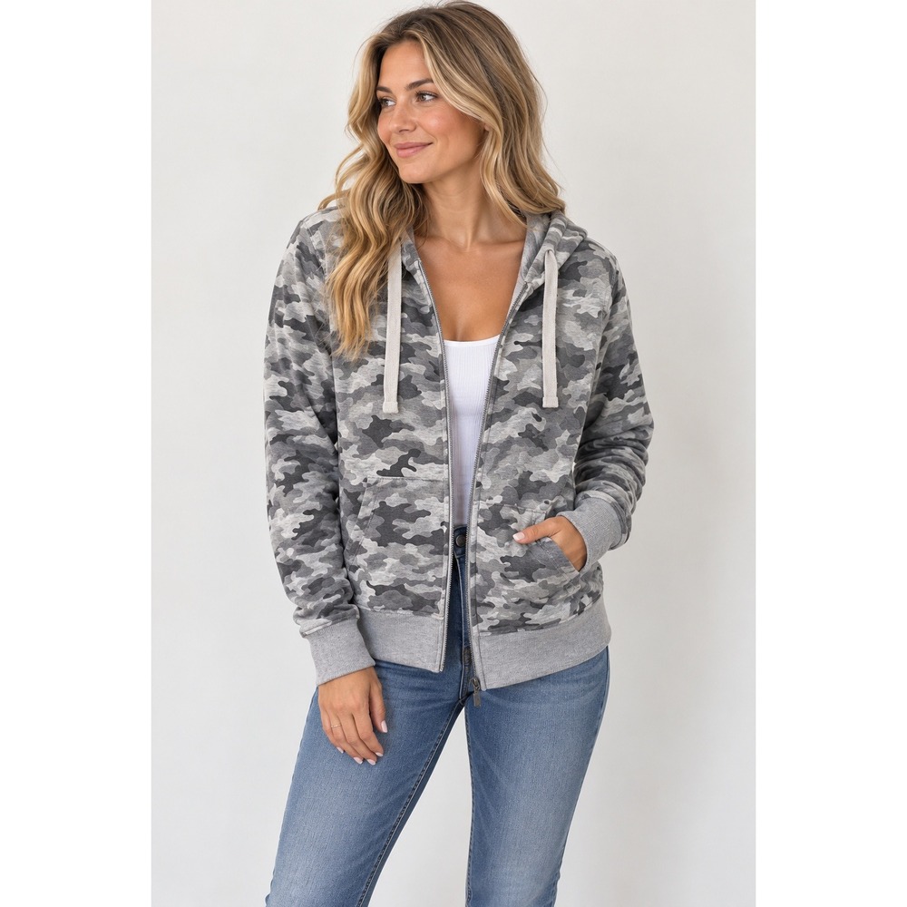 Eddie Bauer Womens Gray Camo Full Zip Hoodie Sweatshirt Medium Camouflage Gray